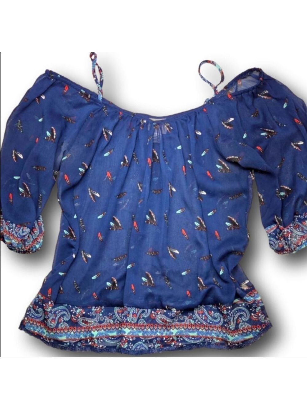 Women's Self Esteem Blue Feather Print Blouse L